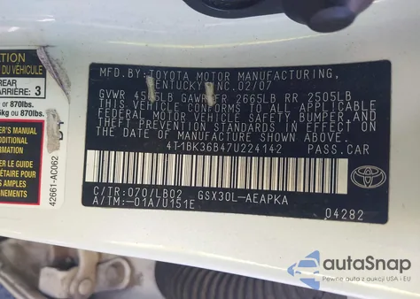 2007 Toyota Avalon Limited z USA, uszkodzony, nr VIN 4T1BK36B47U224142